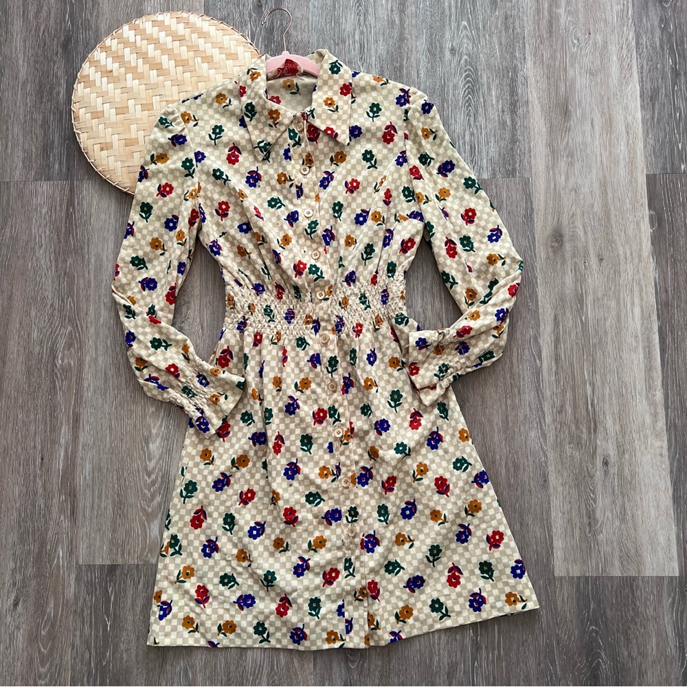 Vintage 1970’s checkered retro floral print dress button front‎ disco collar